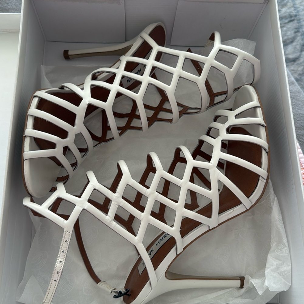 Steve Madden Slithur white leather caged heels